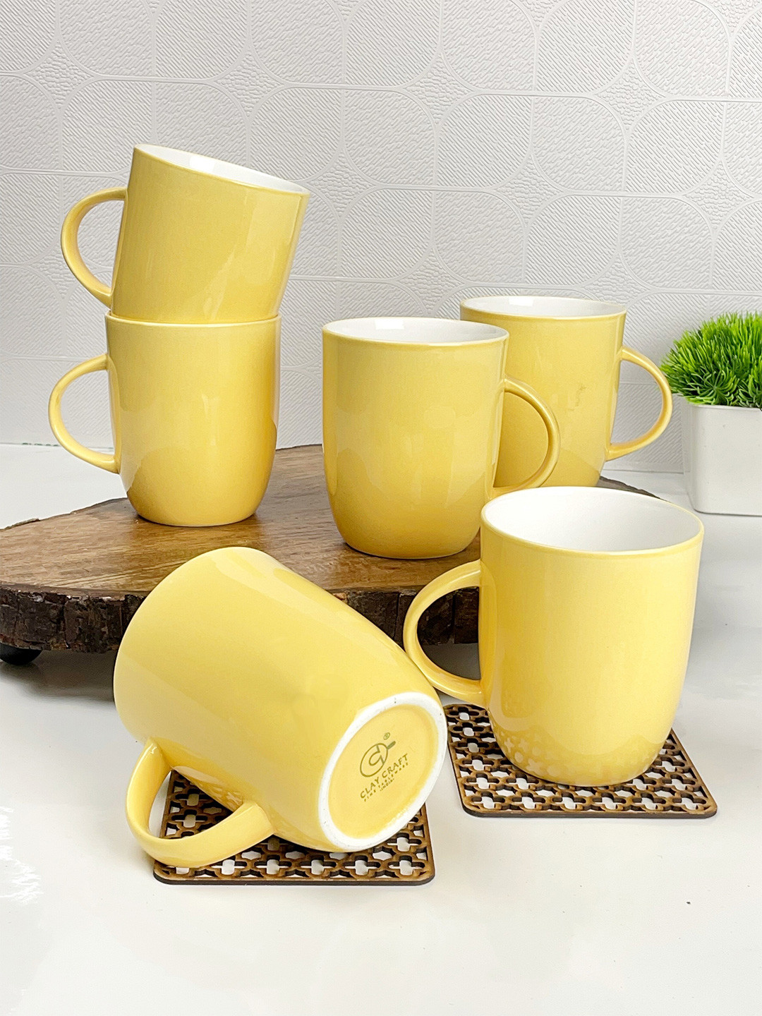 CLAY CRAFT Set Of 6 Yellow & White Solid Ceramic Glossy Mugs