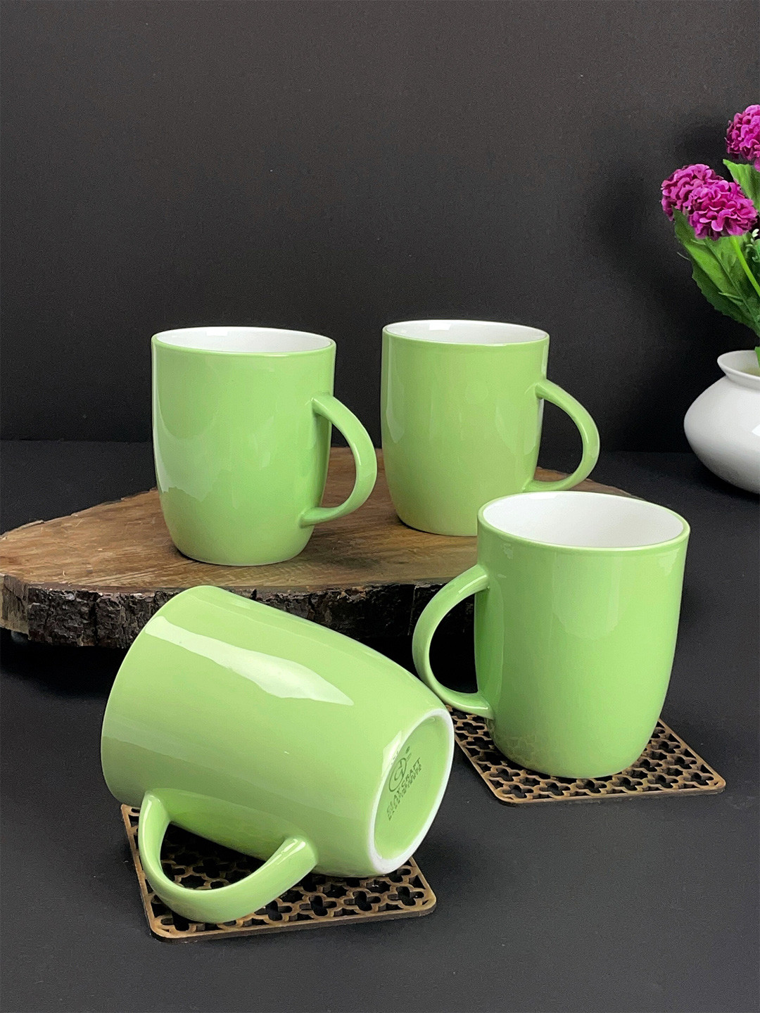 CLAY CRAFT Foliage Green Ceramic Microwave Safe 4 Piece Mugs-340ml