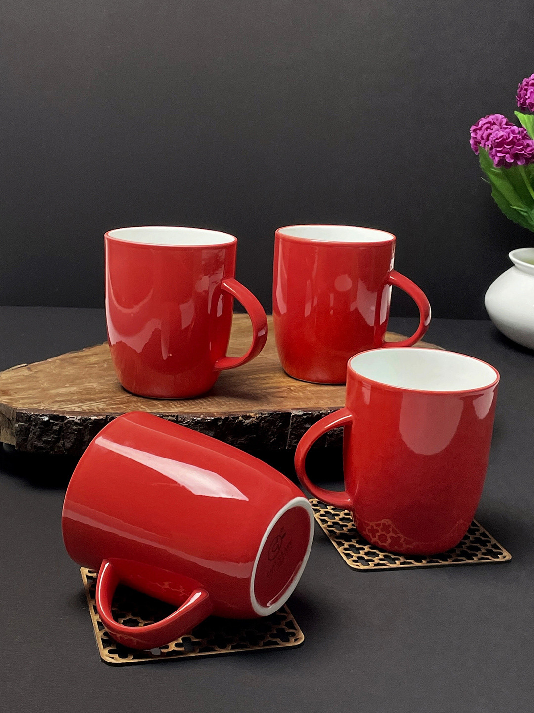 CLAY CRAFT Red Ceramic Handmade 4 Piece Mugs-340ml