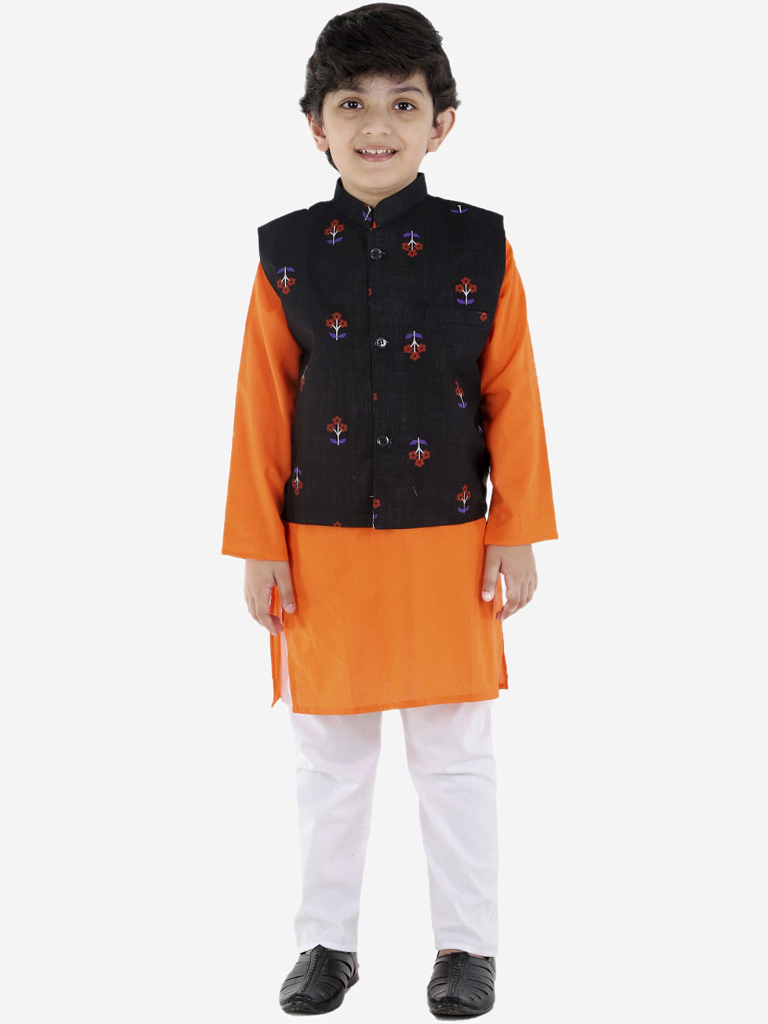ahhaaaa Boys Orange Floral Pure Cotton Kurta with Pyjamas With Nehru Jacket