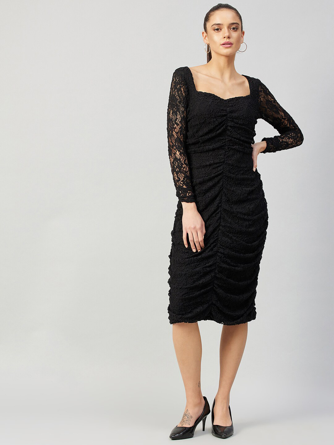 Athena Black Floral Lace Sheath Midi Dress