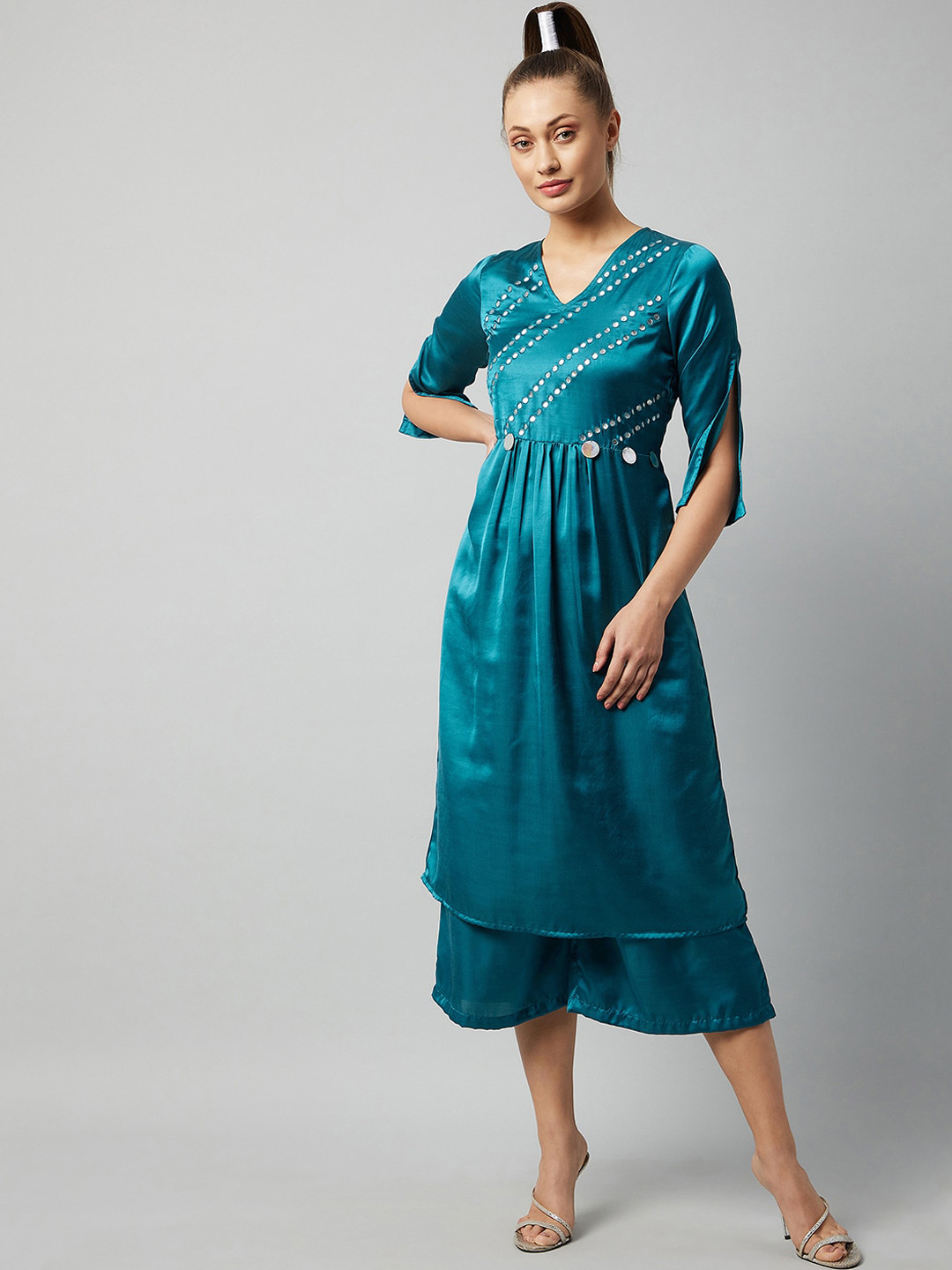 Athena Women Teal Angrakha Mirror Work Kurti with Trousers