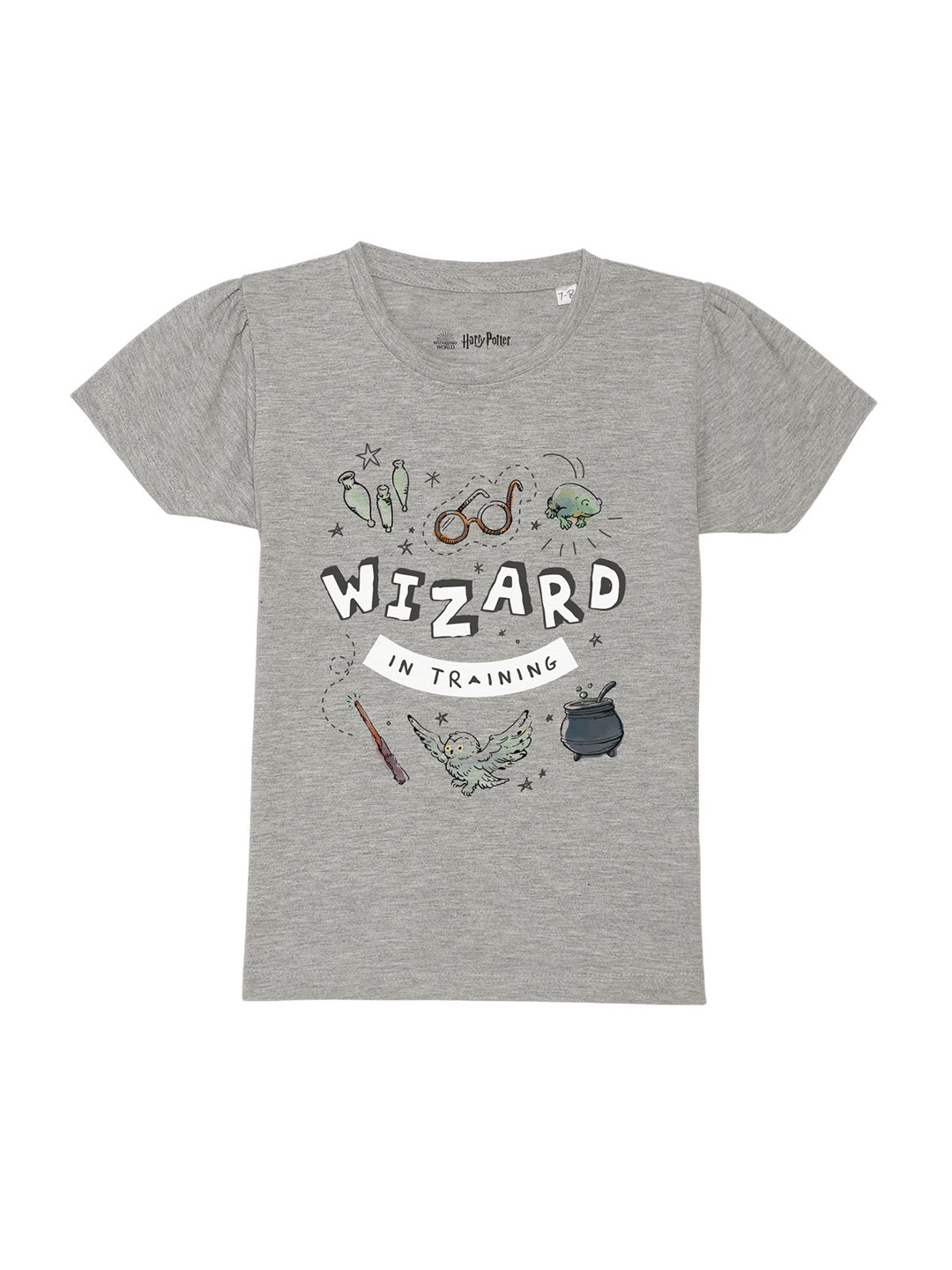 Harry Potter by Wear Your Mind Girls Grey Printed Puff Sleeves T-shirt