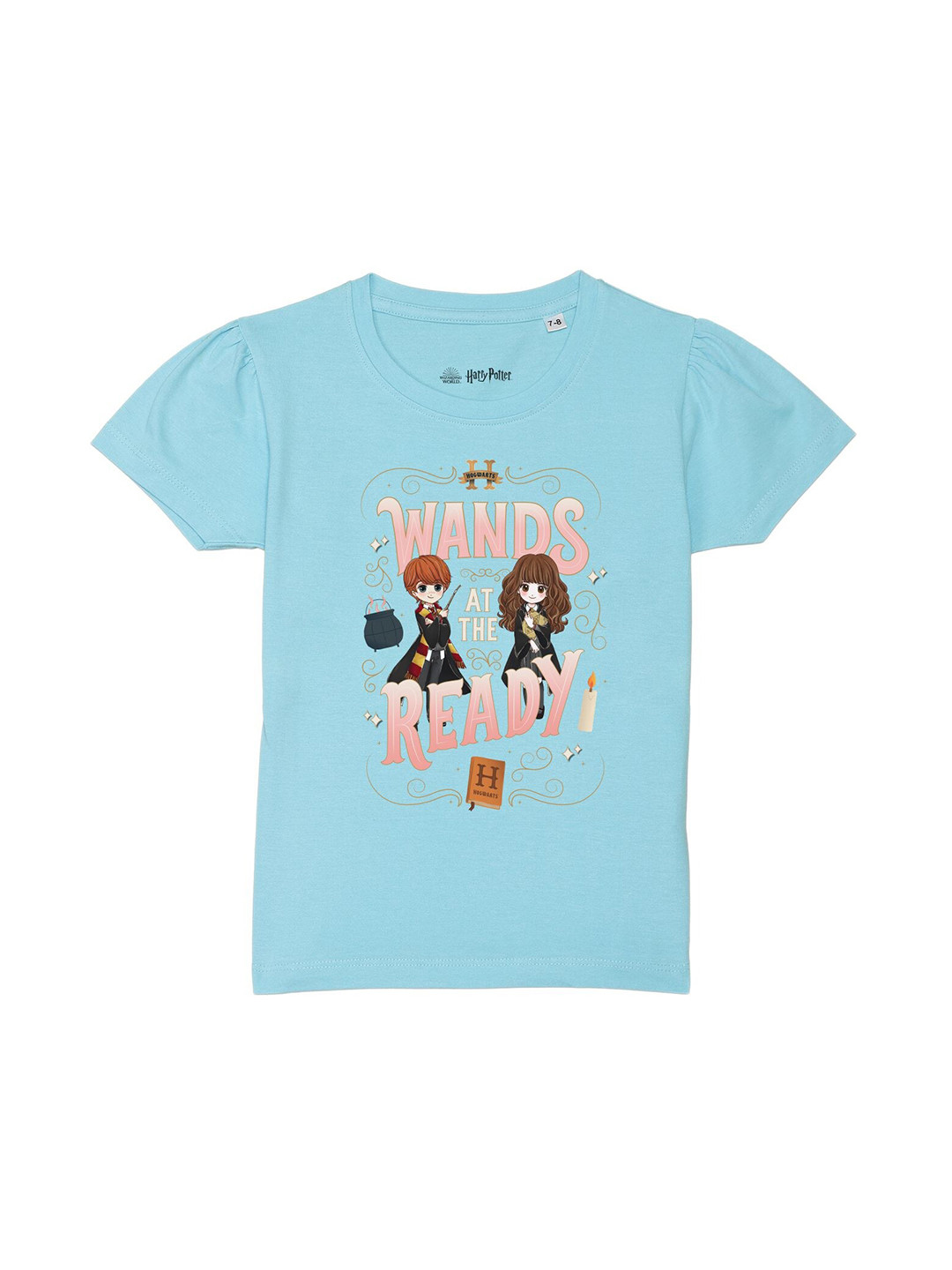 Harry Potter by Wear Your Mind Girls Blue Puff Sleeves Pure Cotton T-shirt