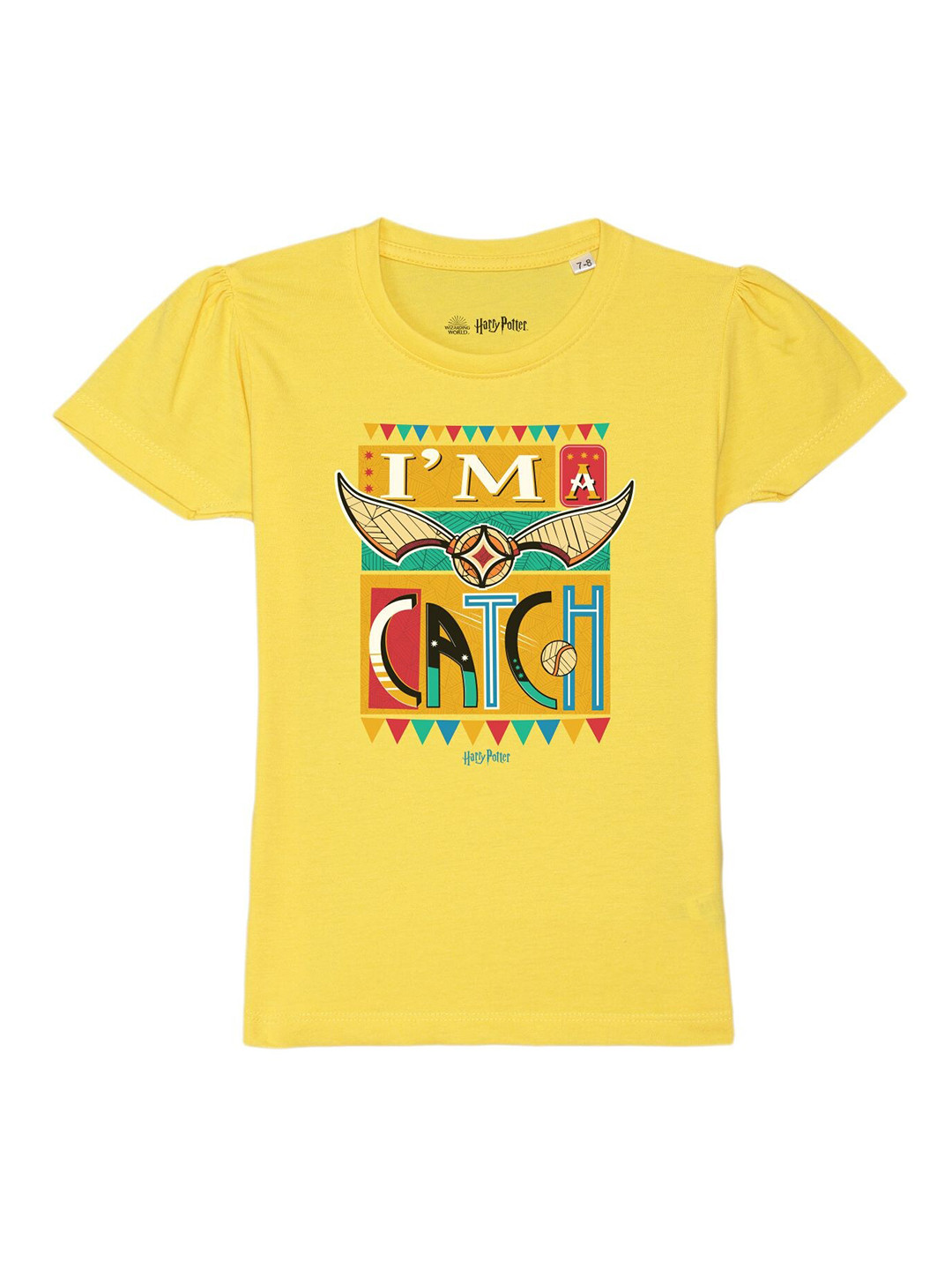 Harry Potter by Wear Your Mind Girls Yellow Typography Printed Applique T-shirt