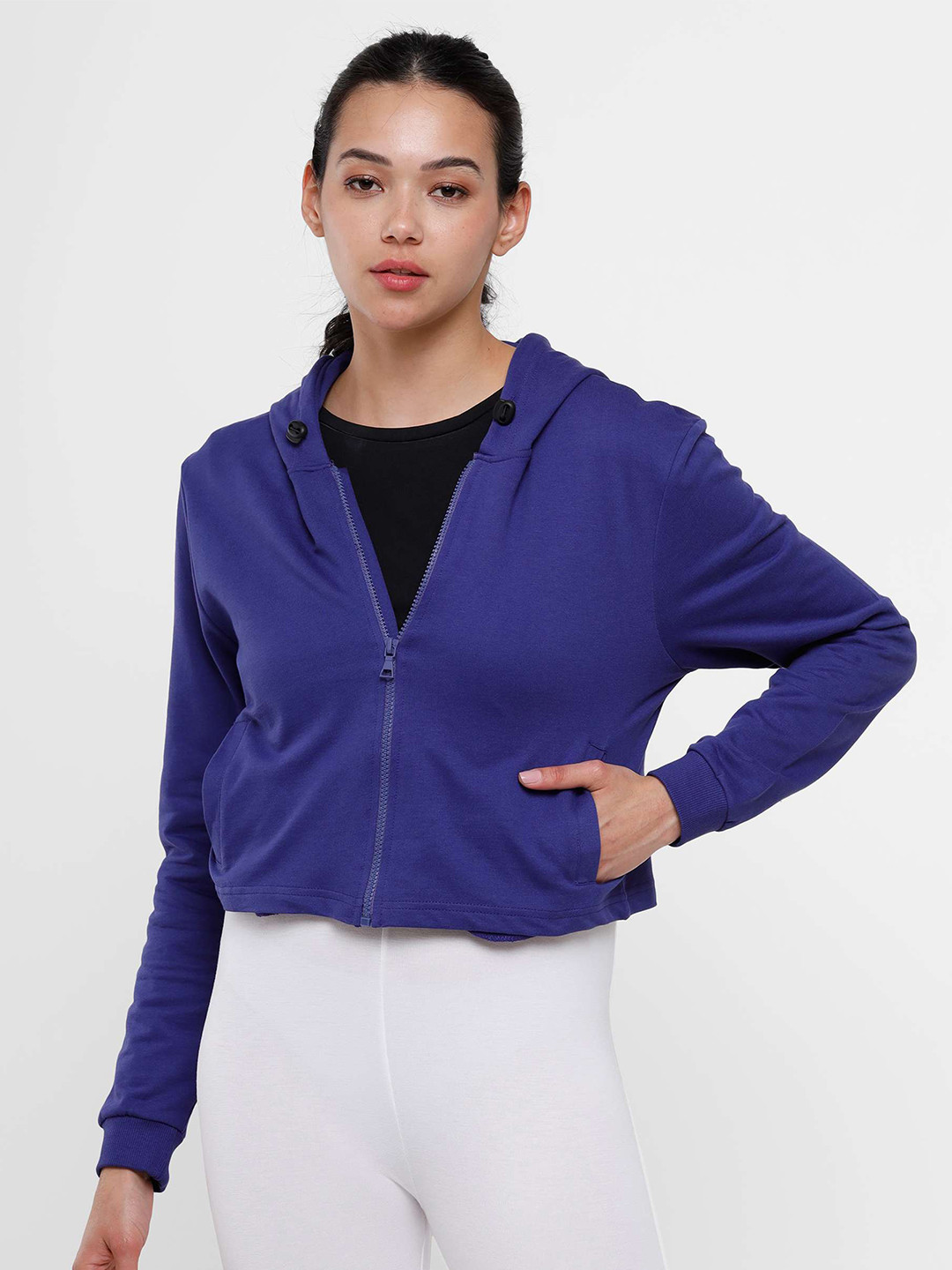 De Moza Women Navy Blue Hooded Sweatshirt