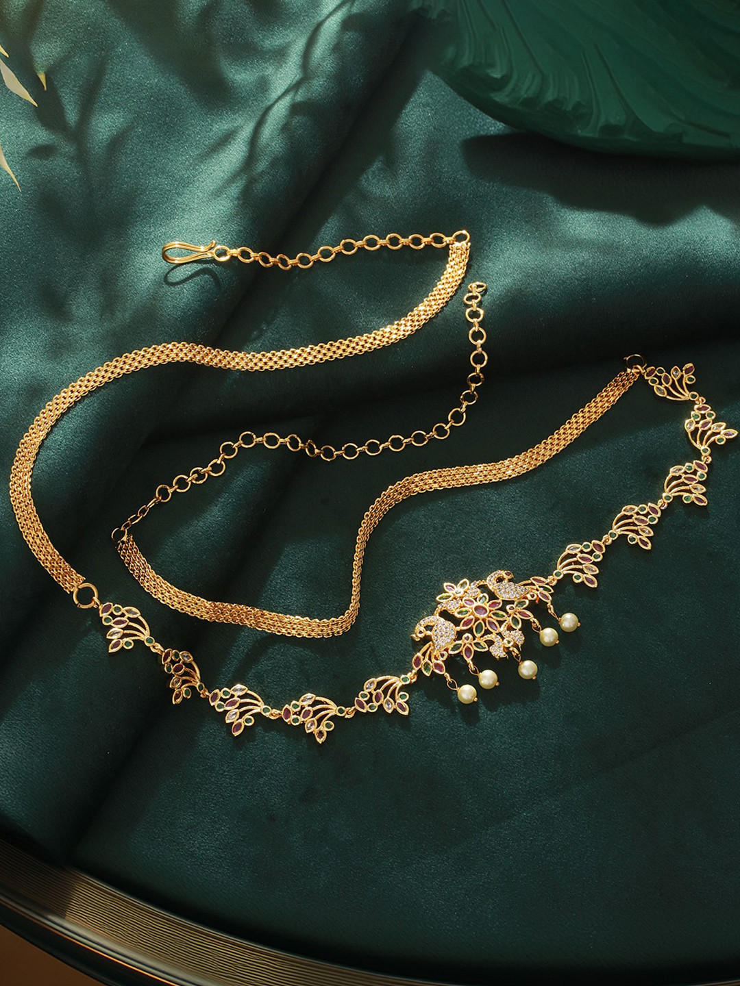 Saraf RS Jewellery Multicolor Gold Plated  Floral & Peacock Moti Temple Kamarbandh