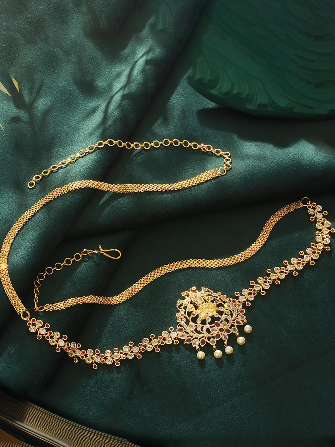 Saraf RS Jewellery Gold-Plated Pink & White CZ-Studded Goddess Laxmi Temple Kamarbandh