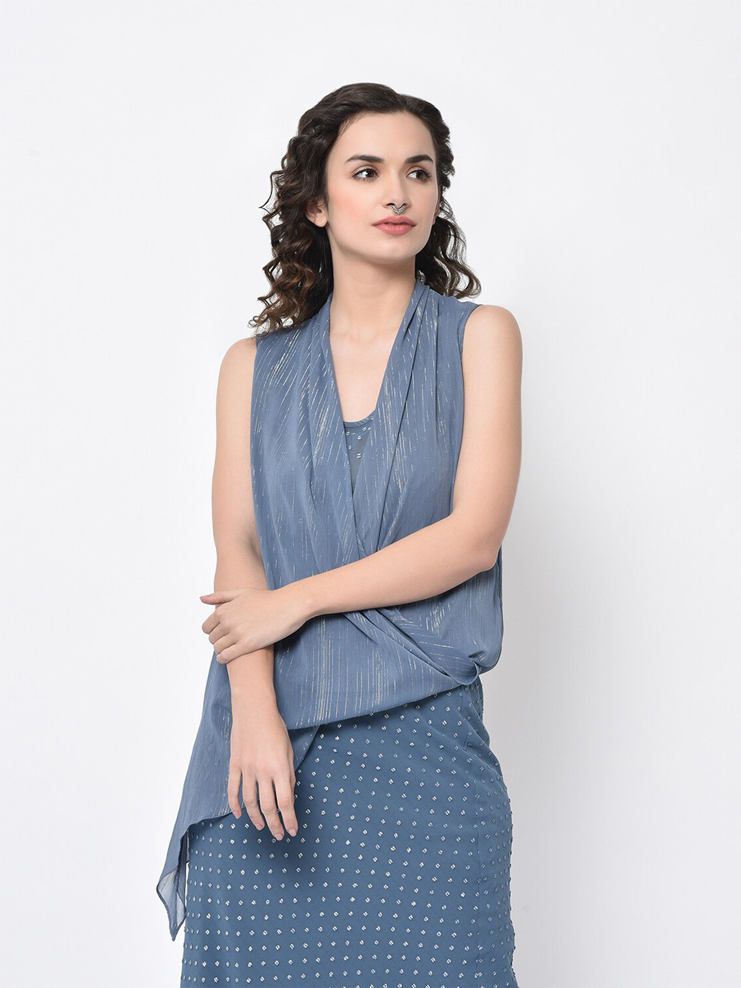 LELA Blue & Silver-Toned Pure Silk Drape Top