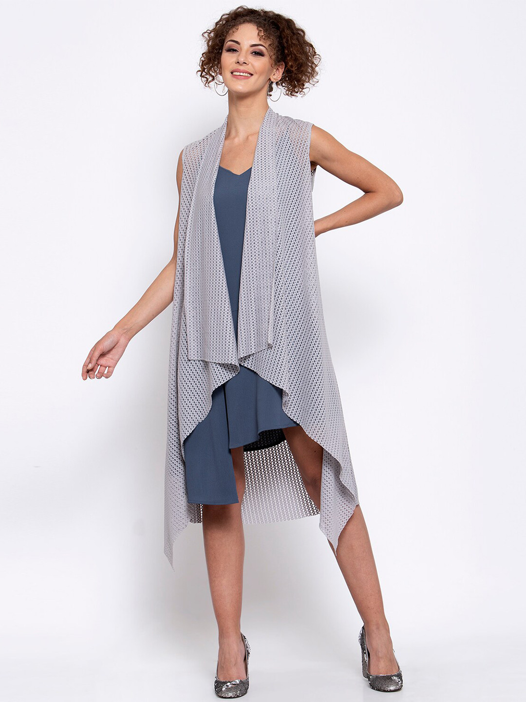 LELA Women Grey Self Design Open Front Longline Shrug