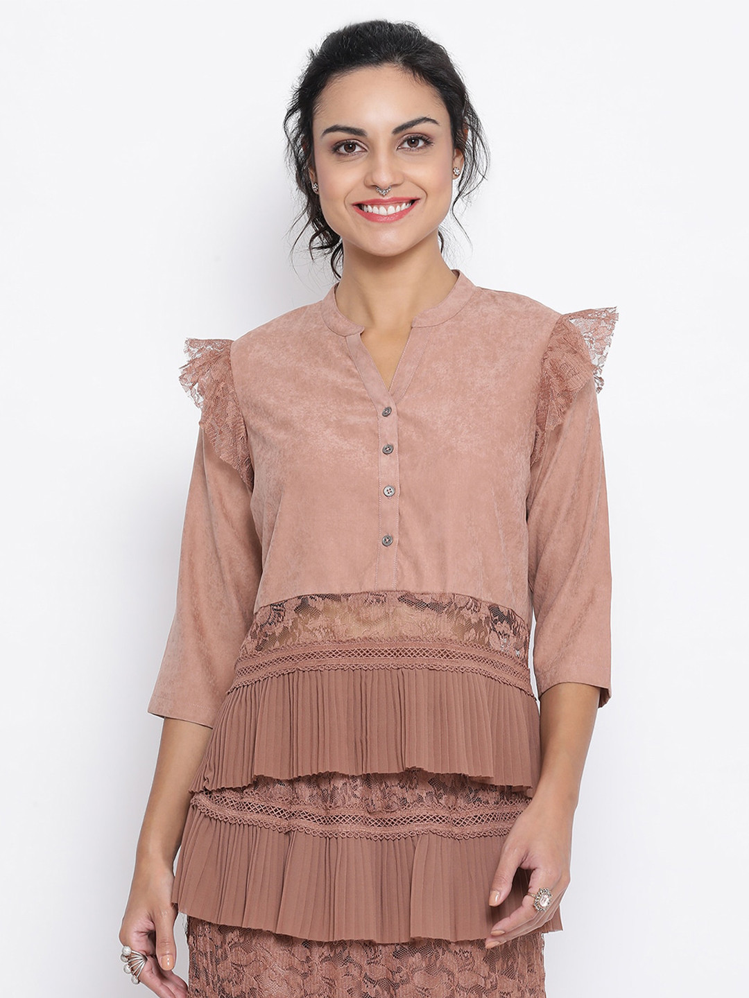 LELA Rust Mandarin Collar Net And Lace Top