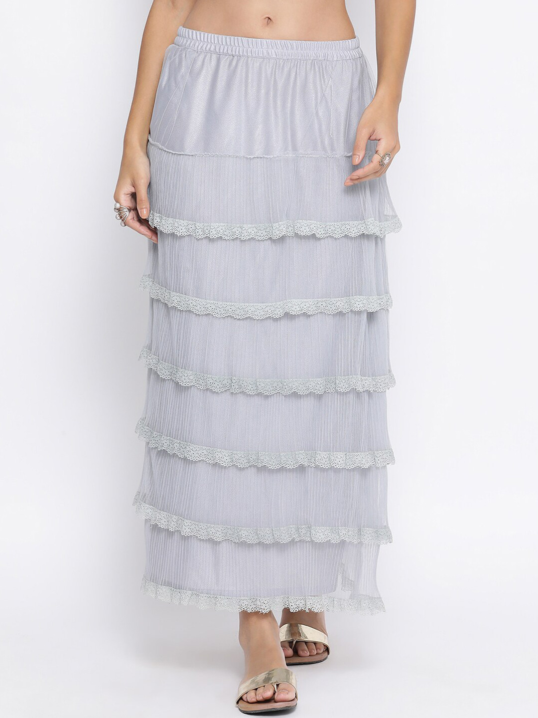 LELA Women Light Blue Net Frill Skirt With Lace