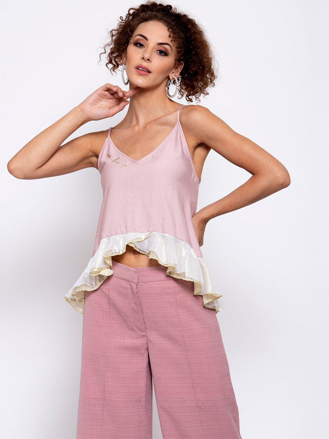 LELA Women Pink & White Linen A-Line Top with Ruffles