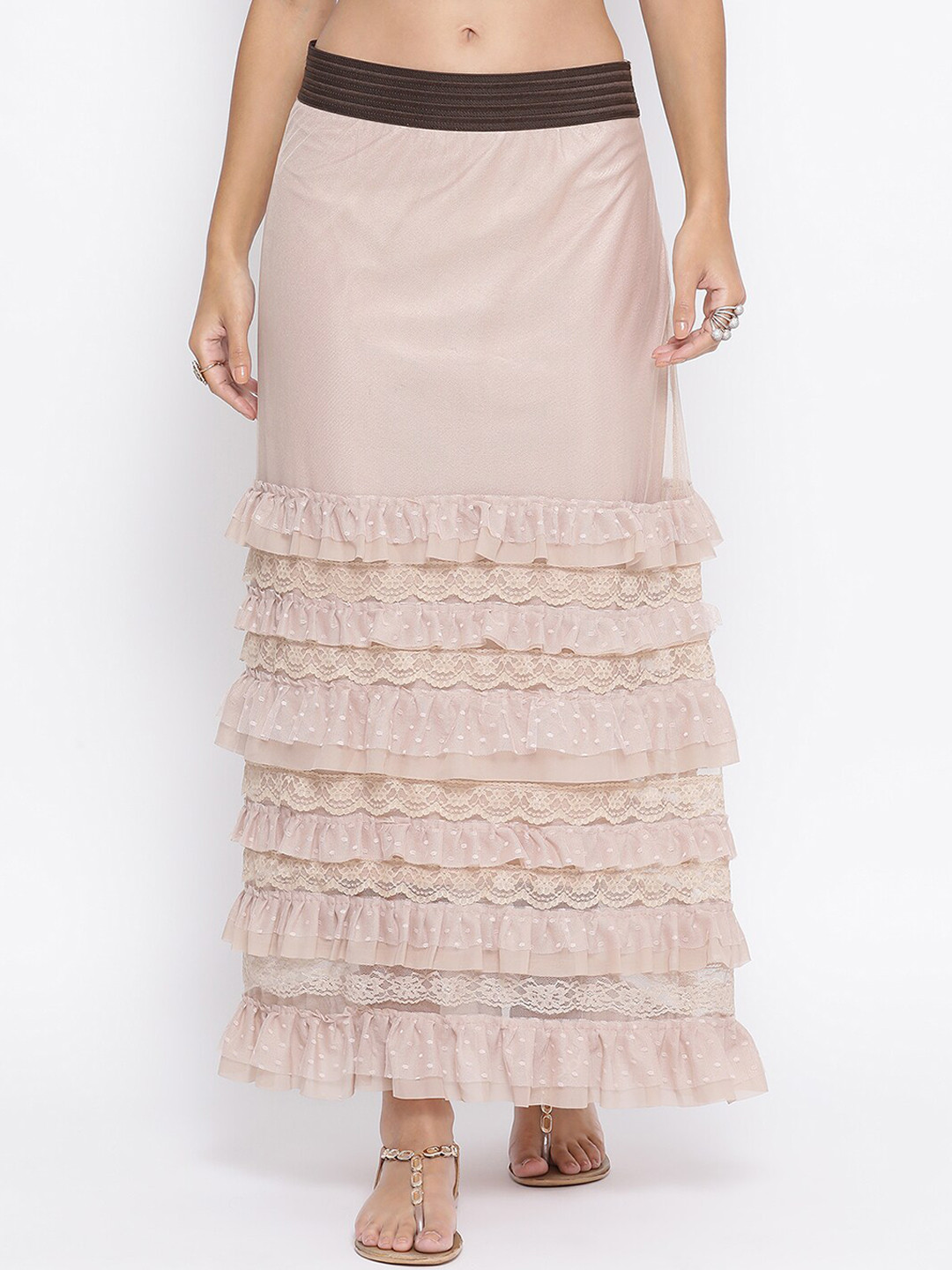 LELA Women Beige Net Maxi Skirt with Frills