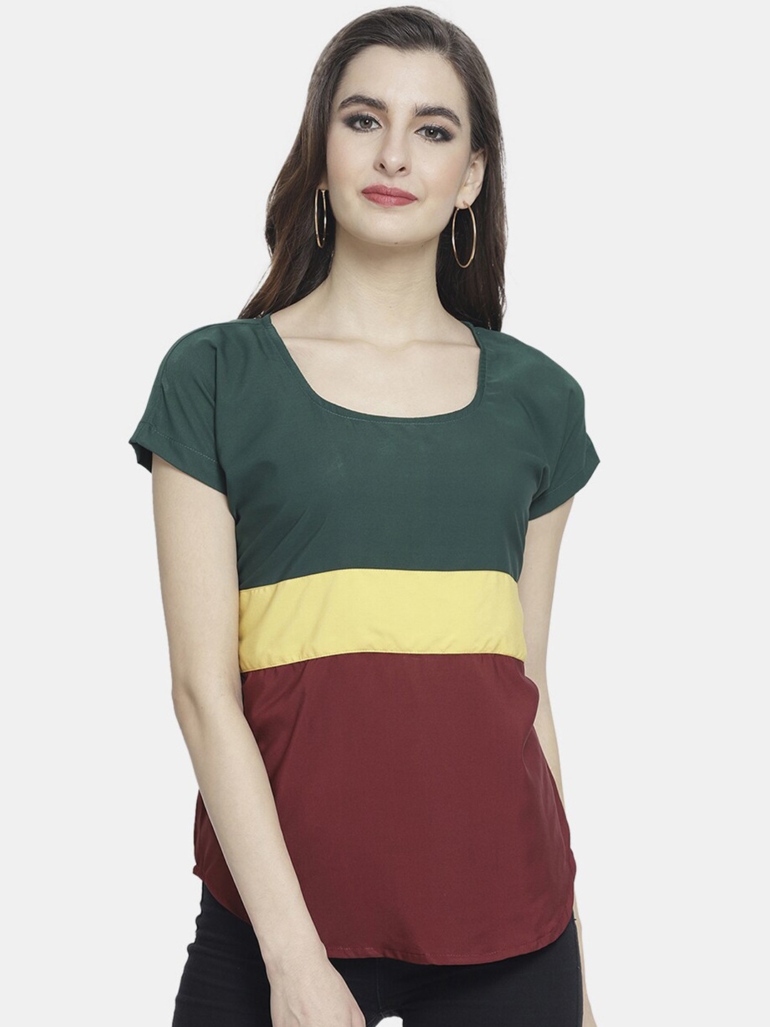 Sayesha Red & Green Colourblocked Crepe Top