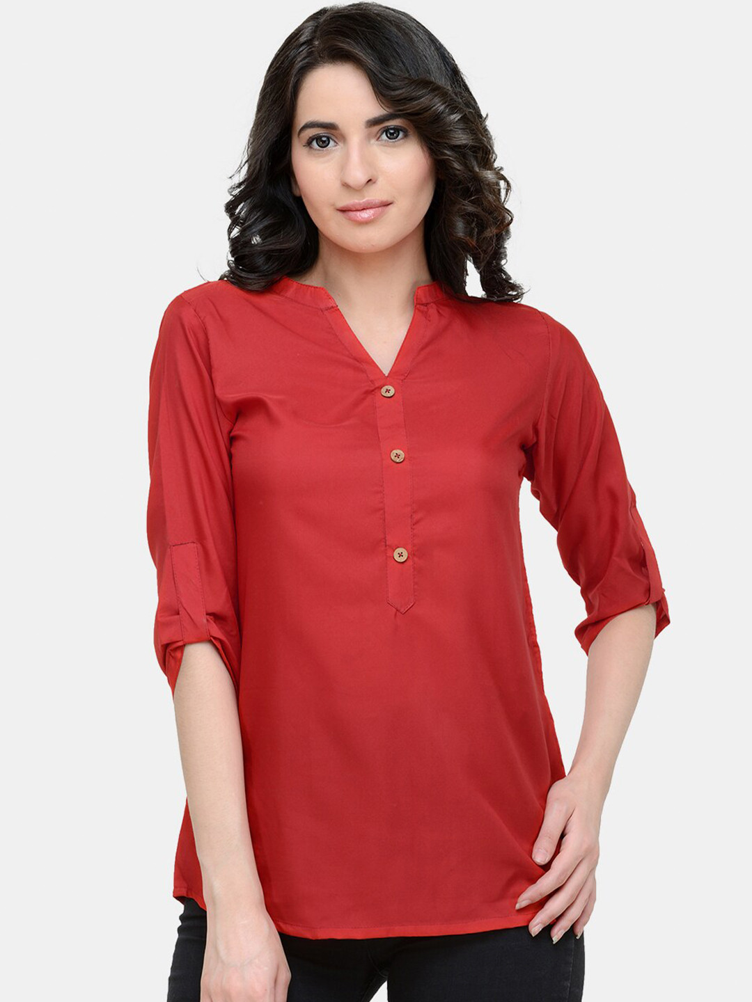 Sayesha Red Mandarin Collar Roll-Up Sleeves Crepe Top