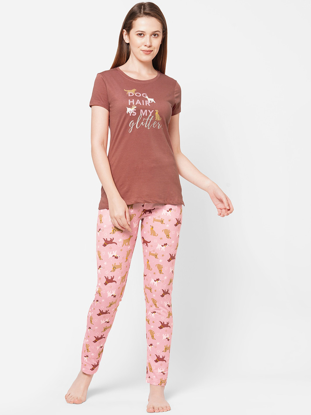 Sweet Dreams Women Brown & Pink Printed T-Shirt with Pyjama Set