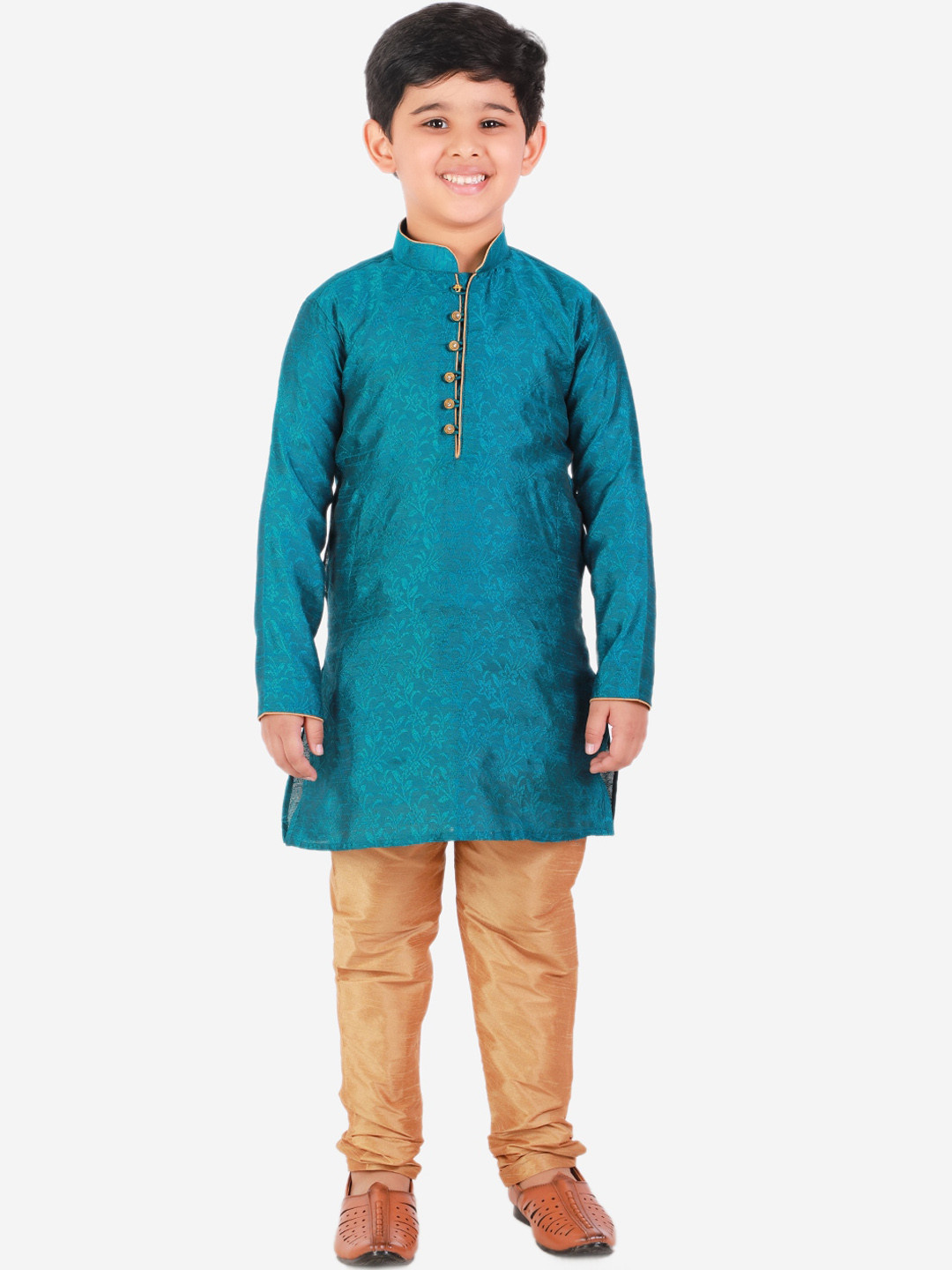 Pro-Ethic STYLE DEVELOPER Boys Green & Gold-Toned Woven Design Kurta with Churidar