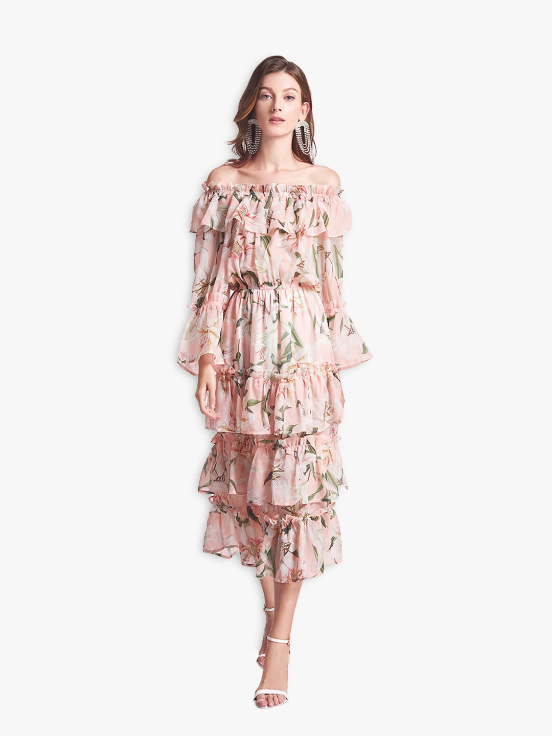 JC Collection Pink Floral Tiered Midi Dress