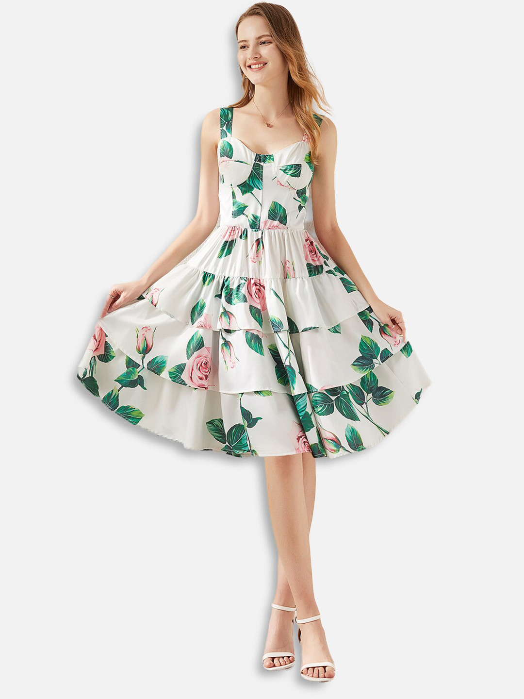 JC Collection Women White & Green Tropical Layered Dress