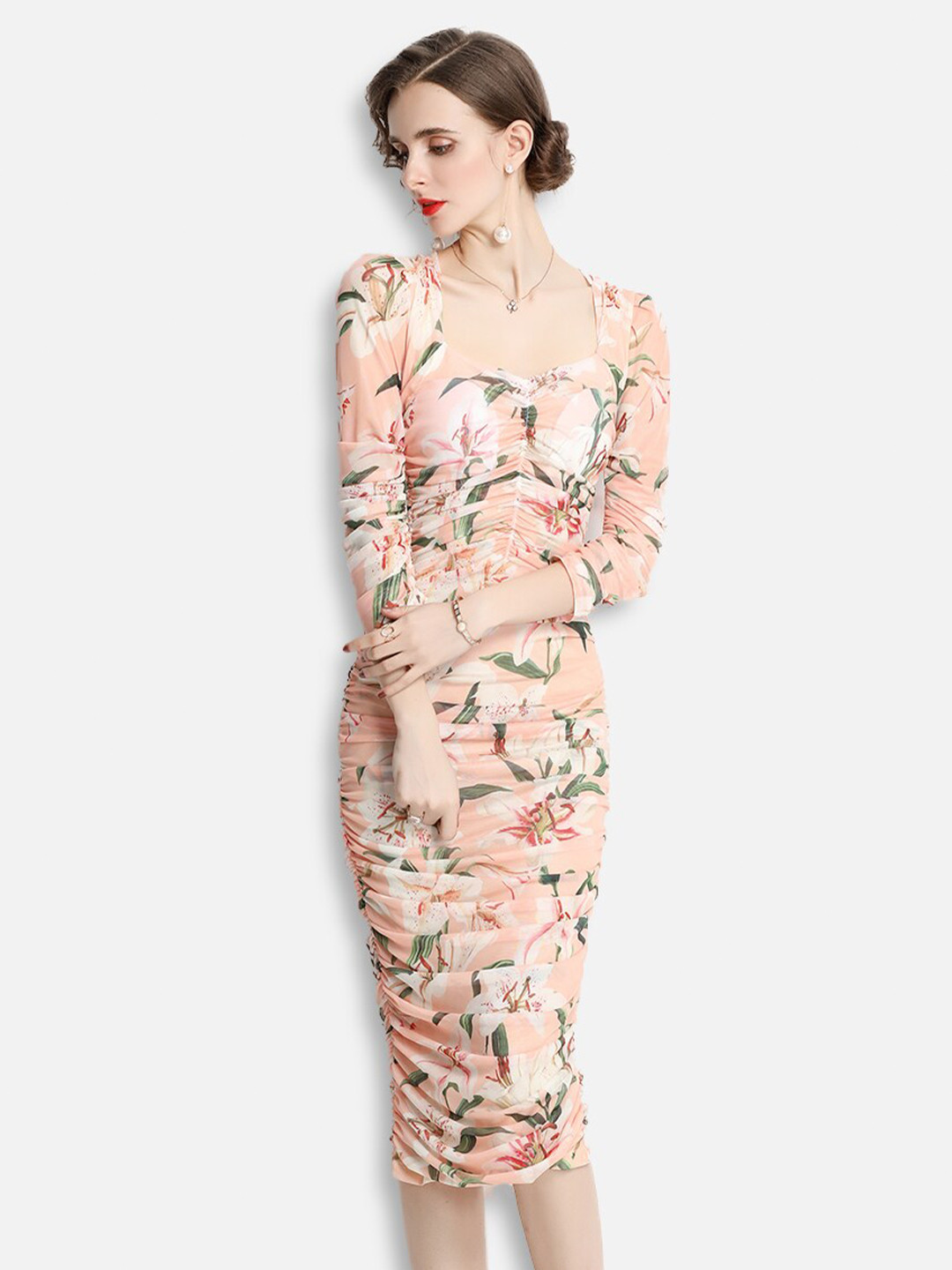 JC Collection Peach-Coloured & Green Floral Sheath Midi Dress