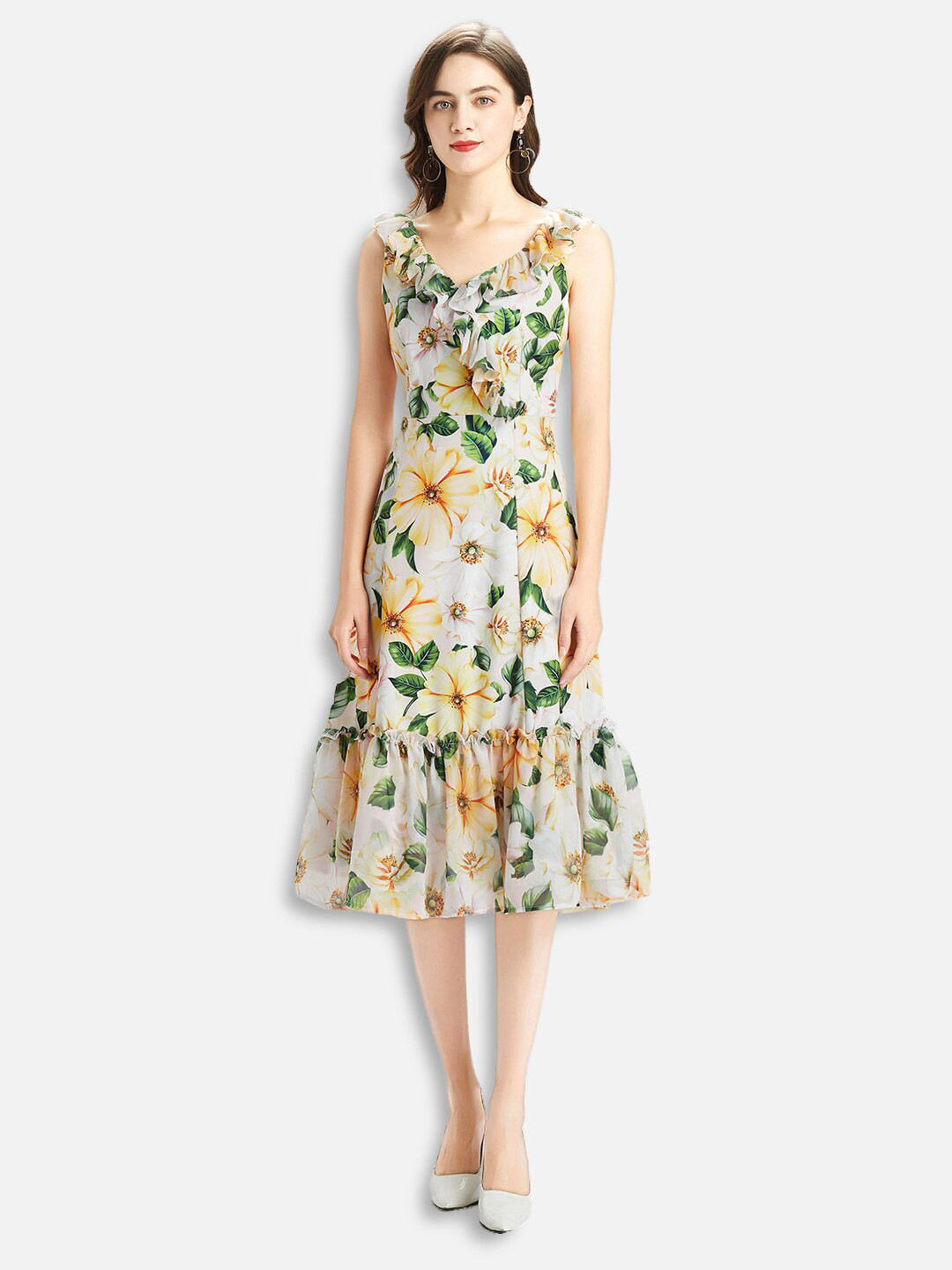 JC Collection Women Yellow & Green Floral Drop-Waist Dress