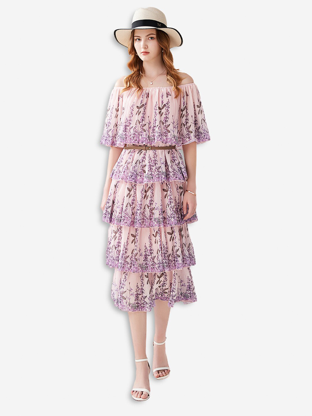 JC Collection Pink Floral Off-Shoulder Blouson Dress