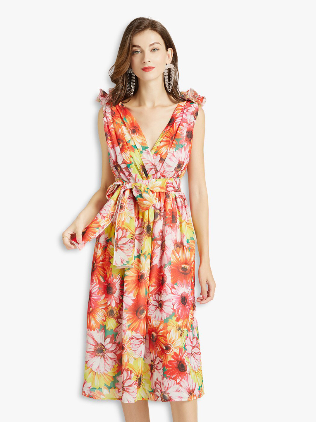 JC Collection Orange & Yellow Floral Midi Dress