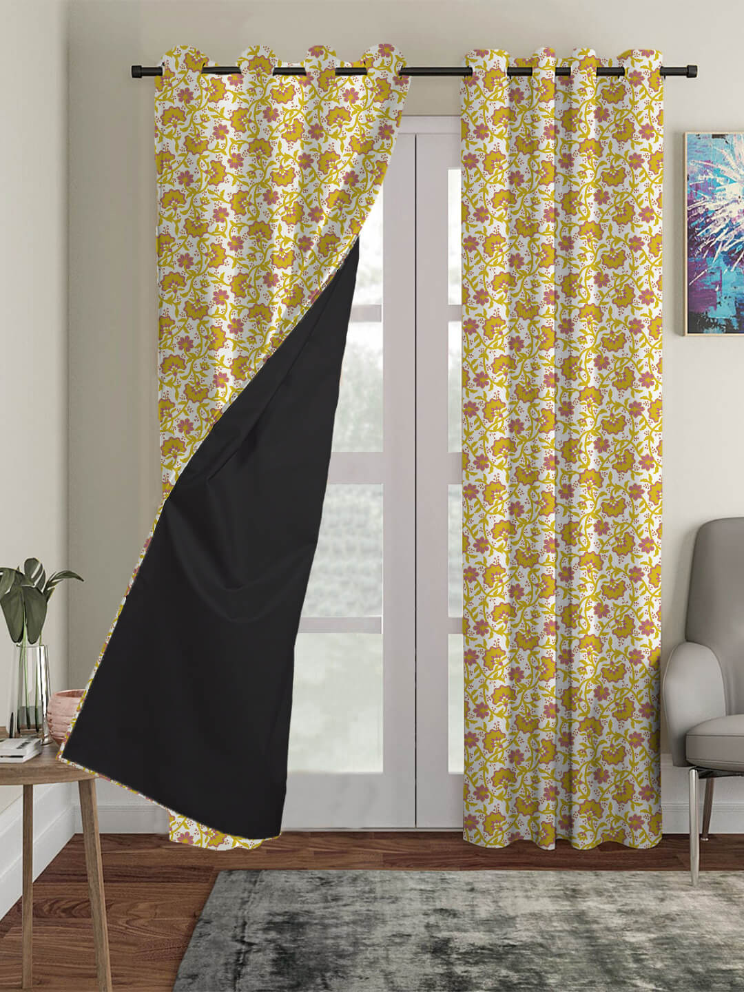 HOUZZCODE Set Of 3 White & Yellow Floral Printed Blackout Window Curtain