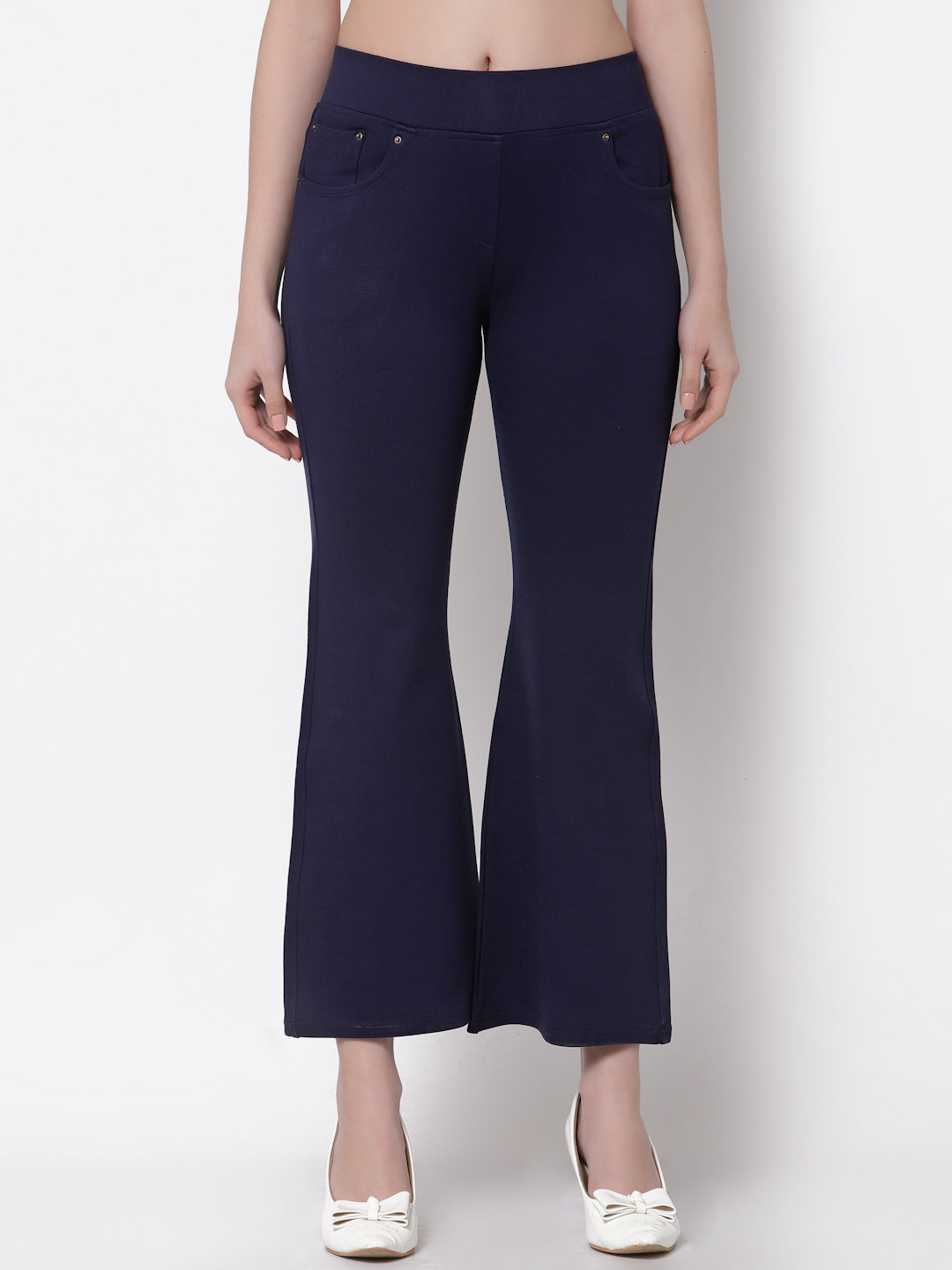Westwood Women Navy Blue Solid High-Rise Bootcut Trousers