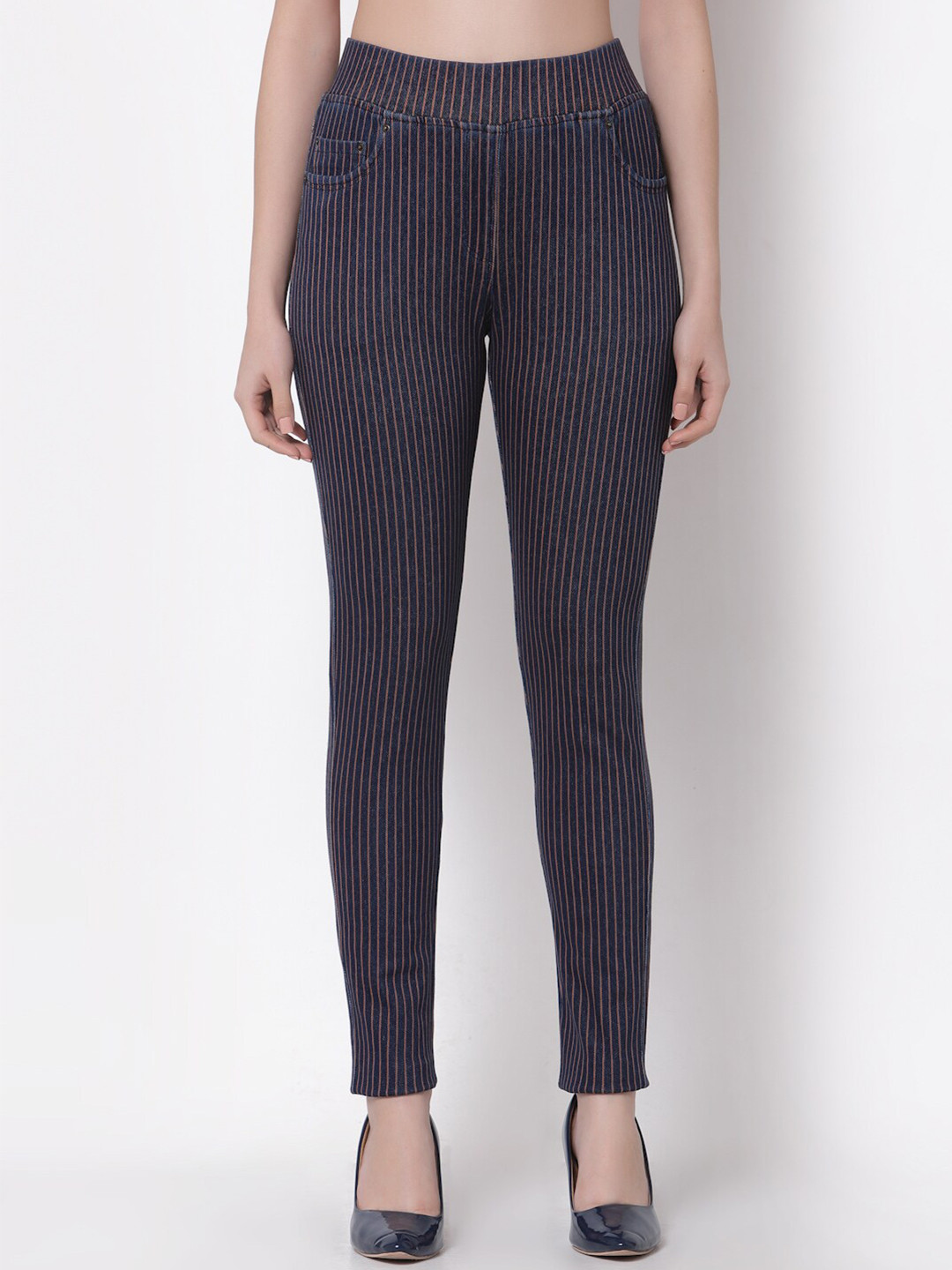Westwood Women Navy Blue Striped  Knitted Denim Jeggings