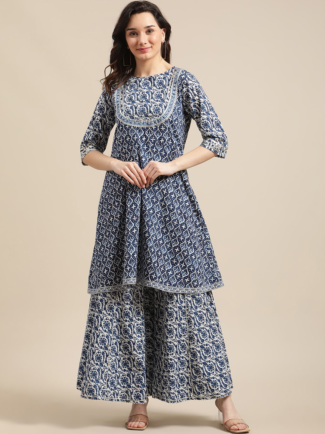 Varanga Blue & White Floral Printed Flared Kurta Sharara Set