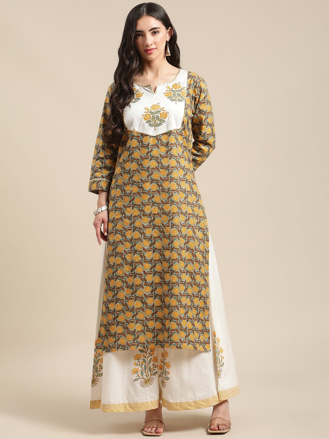 Varanga Women Mustard Yellow Ethnic Motifs Printed Gotta Patti Kurta