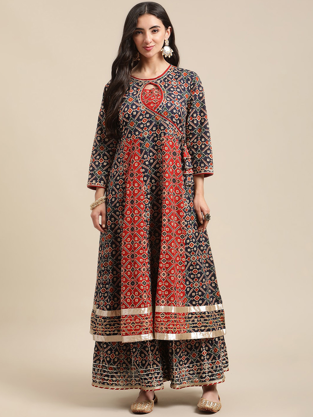 Varanga Blue And Maroon Patola Printed Panelled Kurta Sharara Set