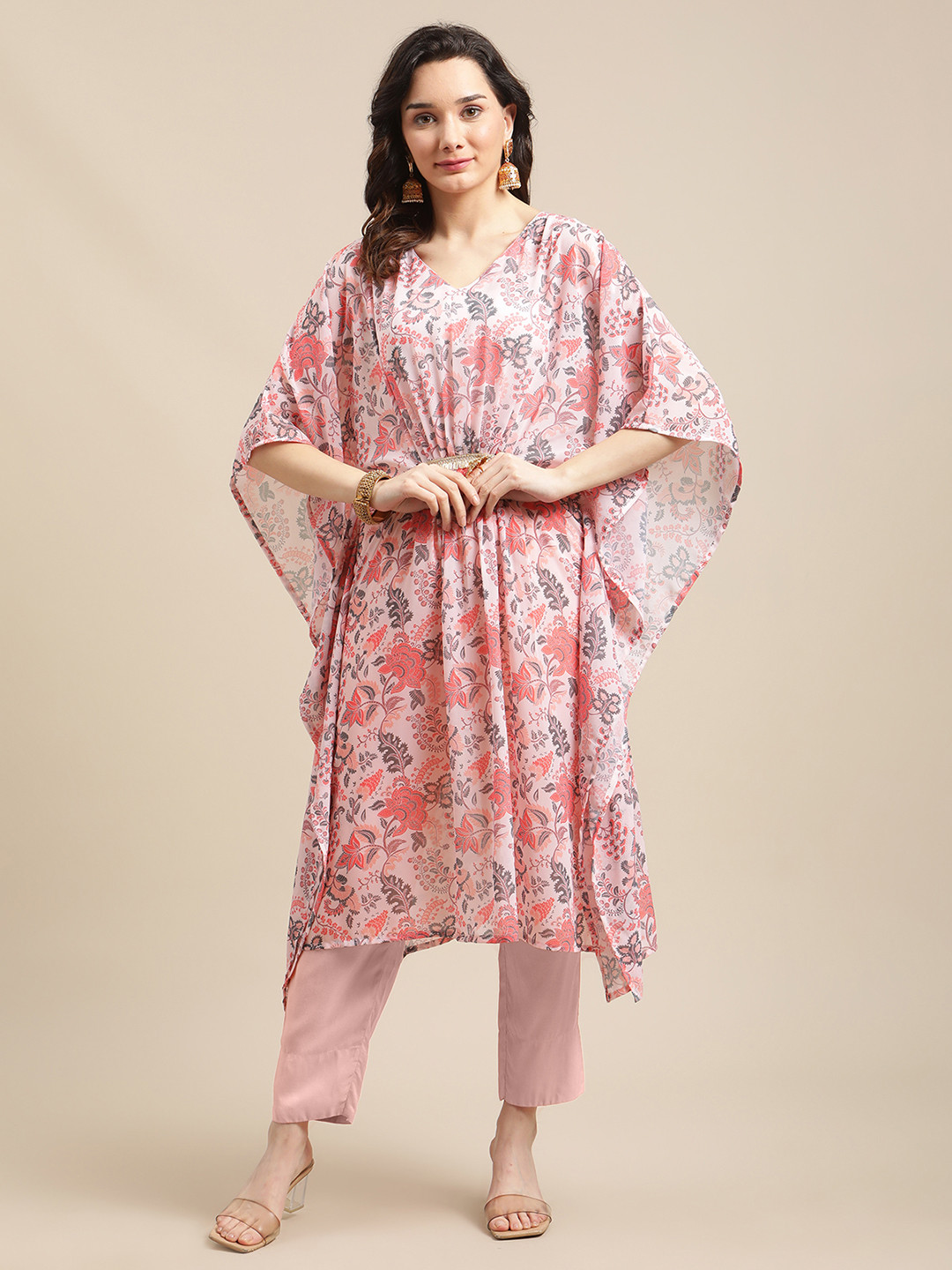 Varanga Women Peach-Coloured & Pink Floral Printed Kaftan Kurta With Trousers