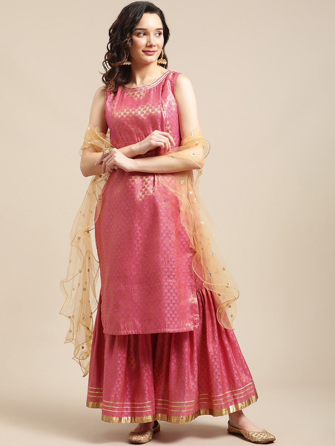 Varanga Pink & Gold-Colored Brocade Sleeveless Kurta Sharara With Sequins Ruffle Dupatta