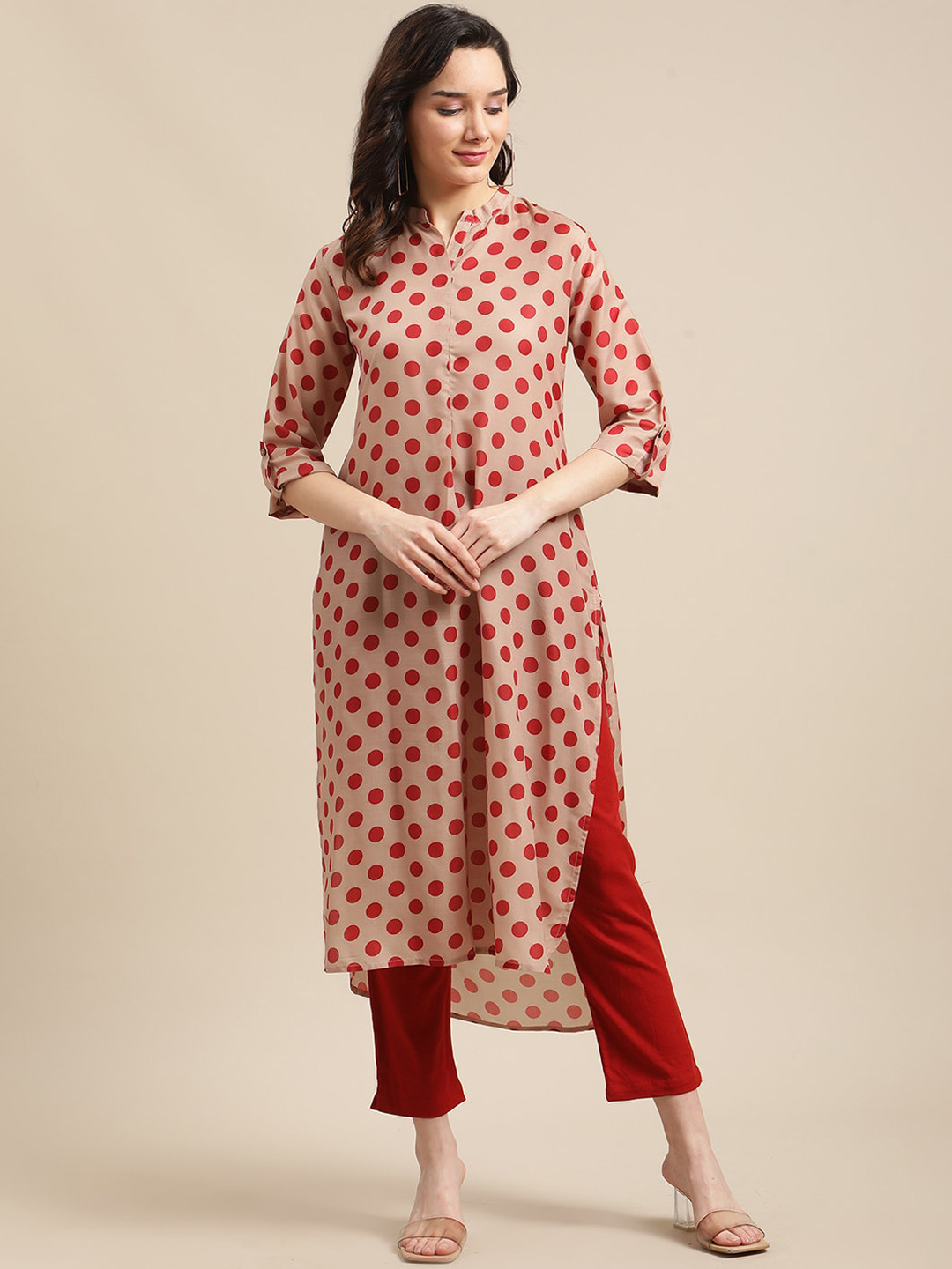 Varanga Women Beige & Red High-Low Polka Dot Printed Kurta