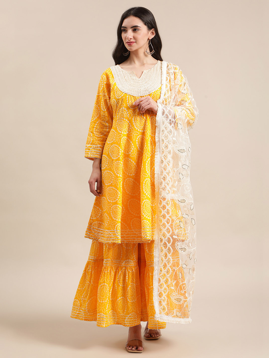 Varanga Women Mustard And White Bandhej Printed Flared Kurti With Sharara With Dupatta.