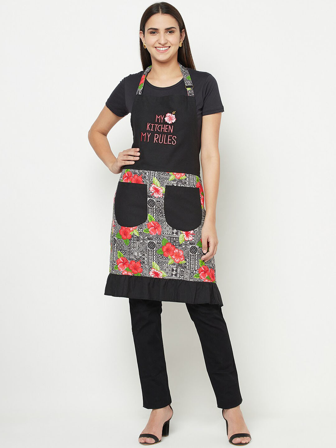 BLANC9 Black Printed Pure Cotton Apron