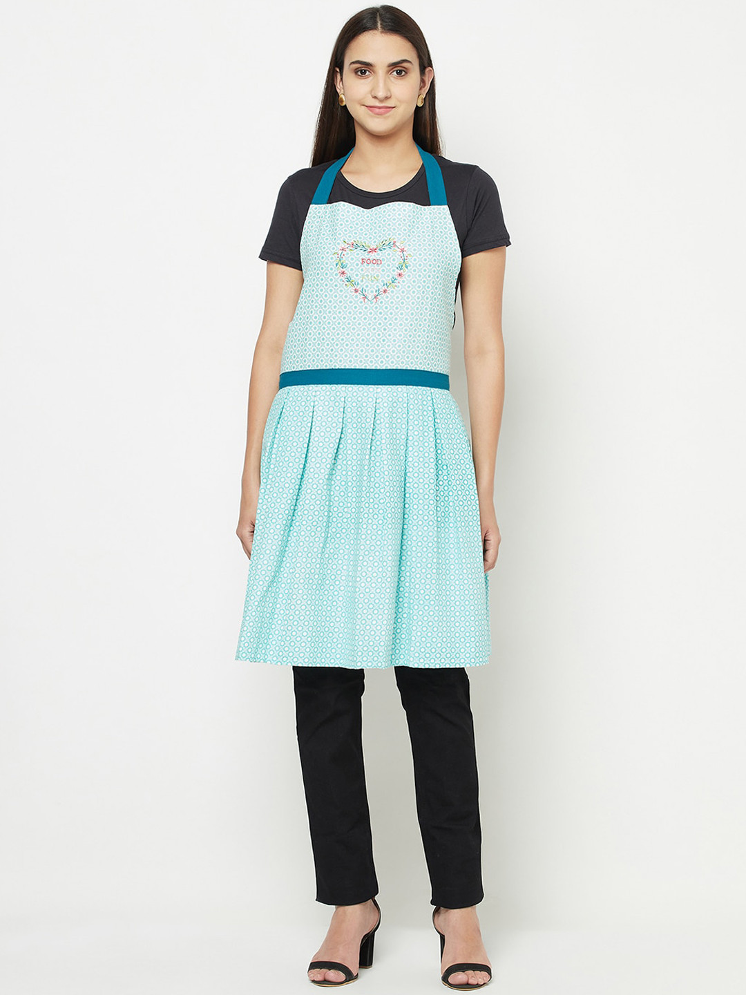 BLANC9 Teal Blue & White Printed Pure Cotton Apron