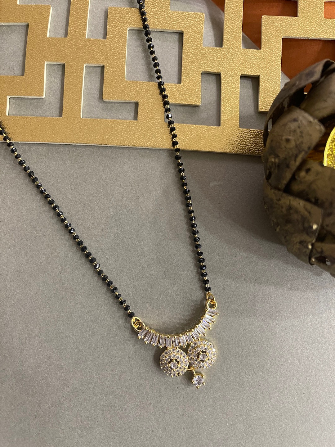 Digital Dress Room White & Black Gold-Plated Beaded Mangalsutra