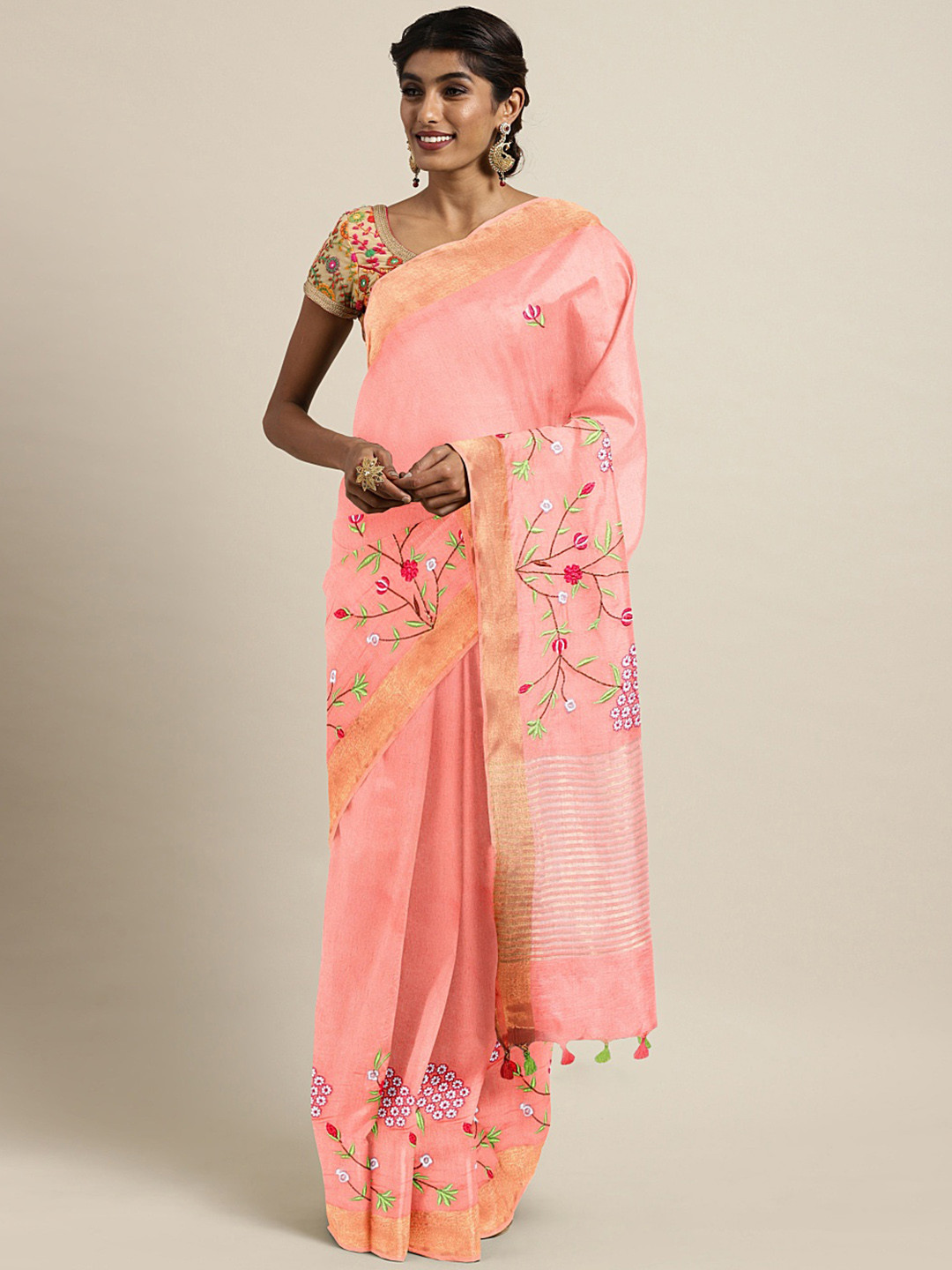 Kalakari India Peach-Coloured & Green Floral Embroidered Silk Blend Saree