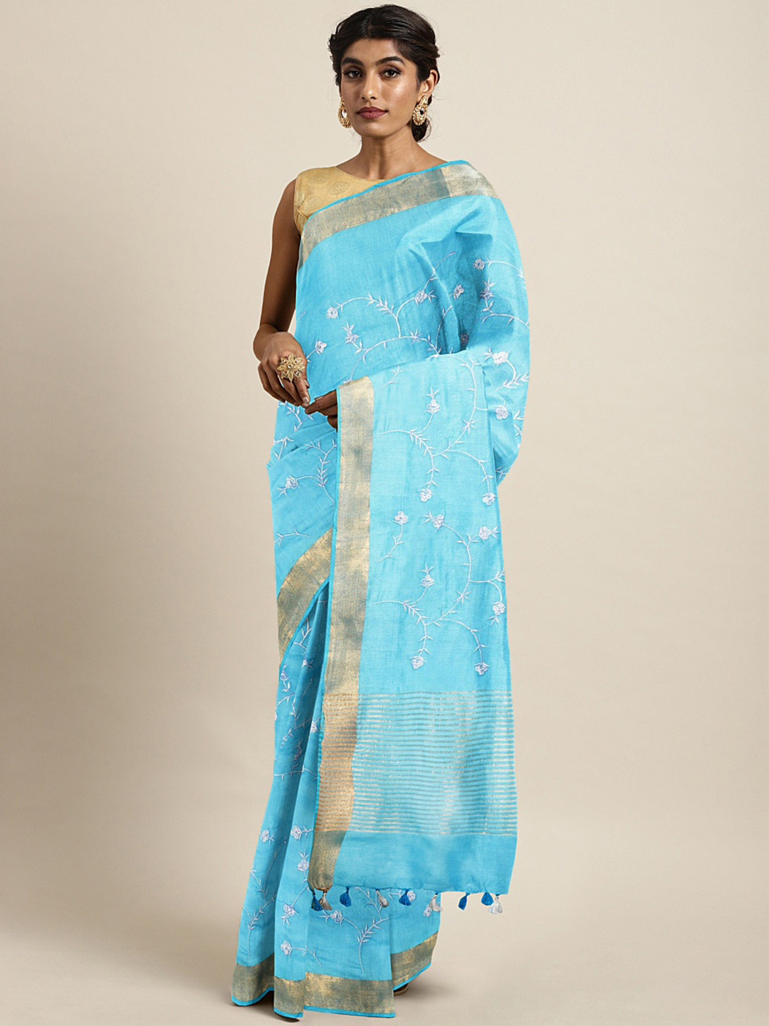 Kalakari India Blue & Silver Ethnic Embroidered Silk Blend Saree