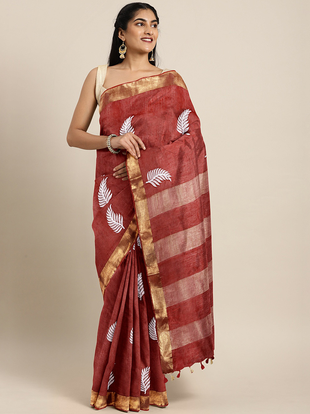 Kalakari India Maroon & White Floral Embroidered Silk Blend Saree