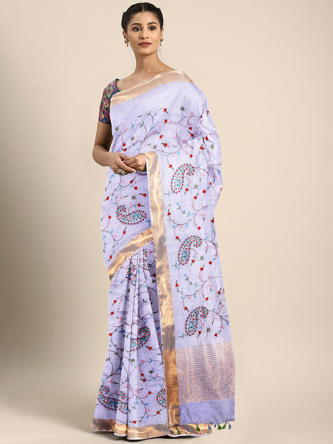 Kalakari India Violet & Red Paisley Embroidered Silk Blend Saree