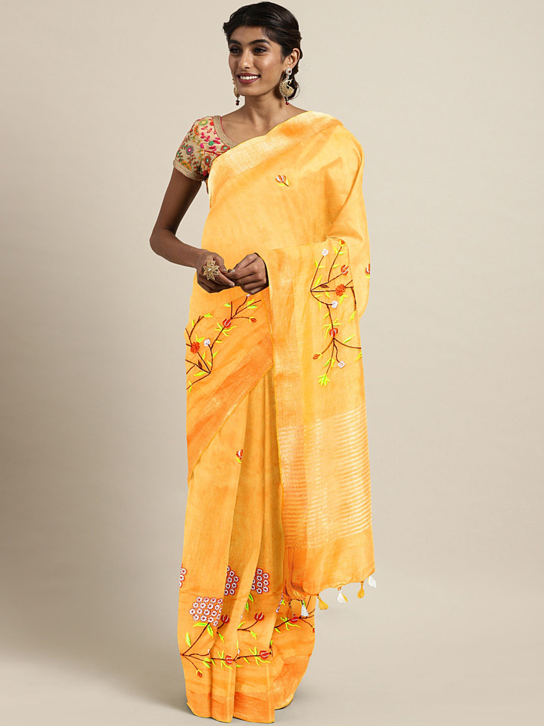 Kalakari India Mustard & Pink Floral Embroidered Silk Blend Saree
