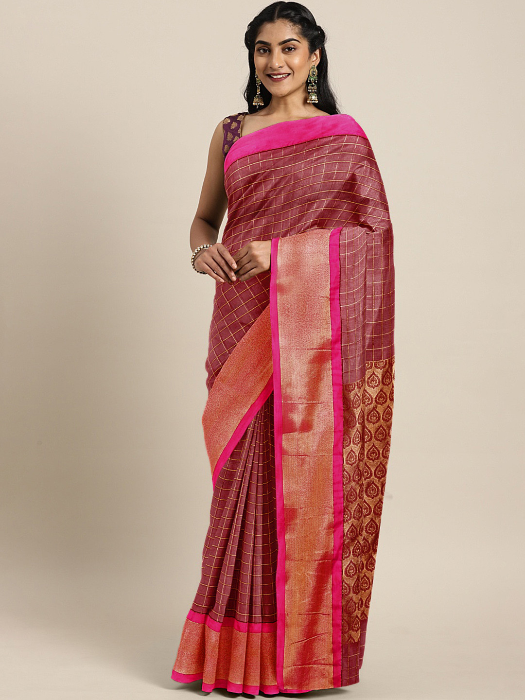 Kalakari India Rust Red & Golden Checked Tissue Uppada Saree