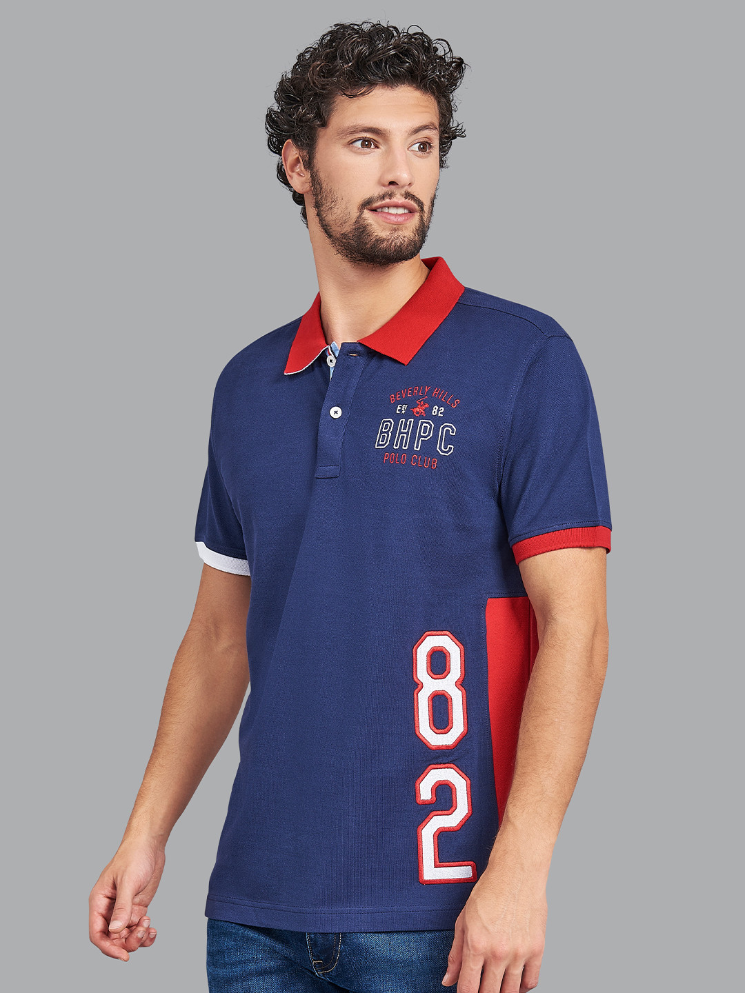 Beverly Hills Polo Club Men Navy Blue Printed Polo Neck T-shirt