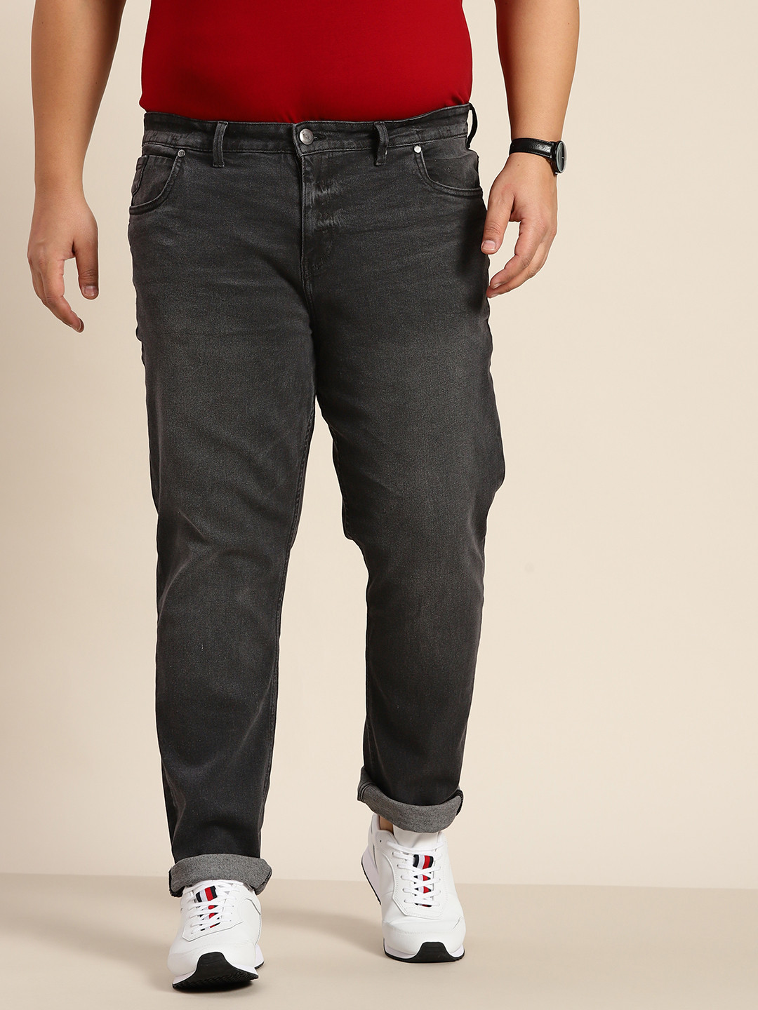 Sztori Plus Size Men Charcoal Grey Slim Tapered Fit Light Fade Stretchable Jeans