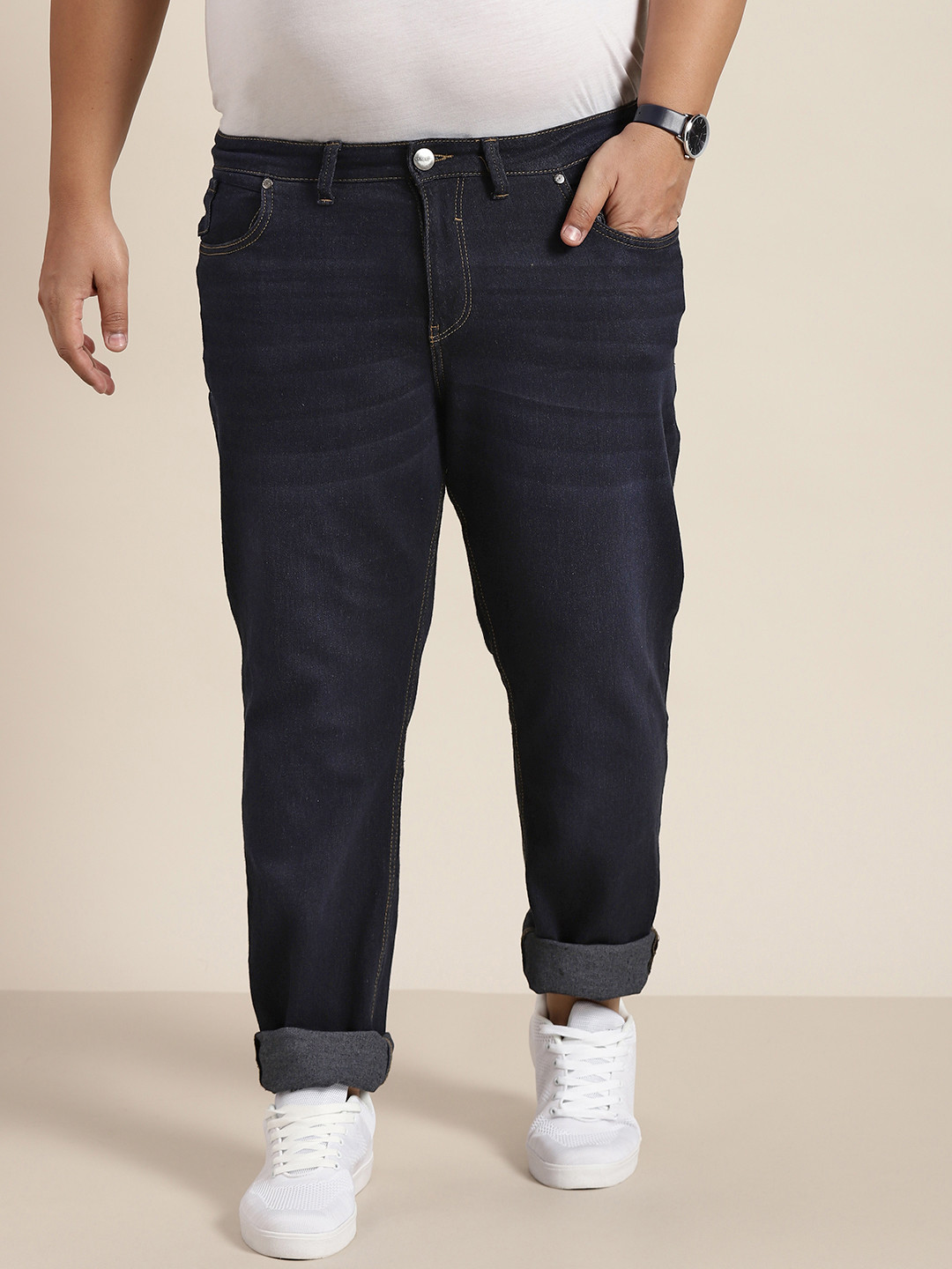 Sztori Plus Size Men Navy Blue Slim Tapered Fit Stretchable Jeans